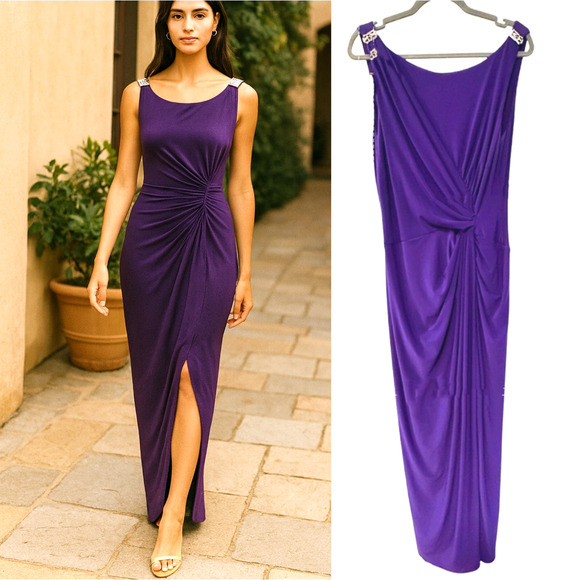 Ralph Lauren 14 Bejeweled Evening Gown Sleeveless Long Maxi Dress Purple Crystal - Picture 1 of 8